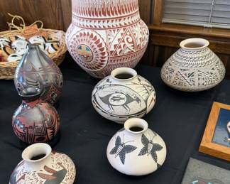 Mata Ortiz pottery, including works by Porfirio “Pilo” Mora, A. Quezada, L. Quezada, Jesus Ortiz, Naty Ortiz, Ana Trillo, Ruben Rodriguez, Martha Martinez Dominguez + Acoma pottery