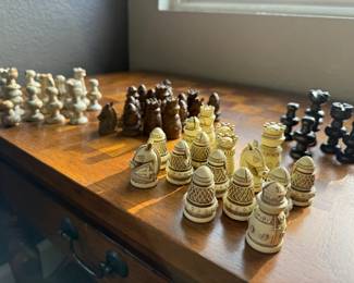 Vintage Chess Table & Pieces