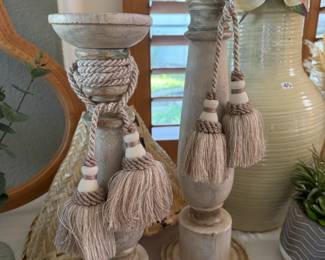 Fabulous Wood Candle Holders w/ Tassels 