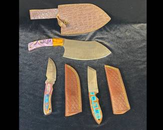 Handcrafted, Damascus blade cleaver, and two sheet knives