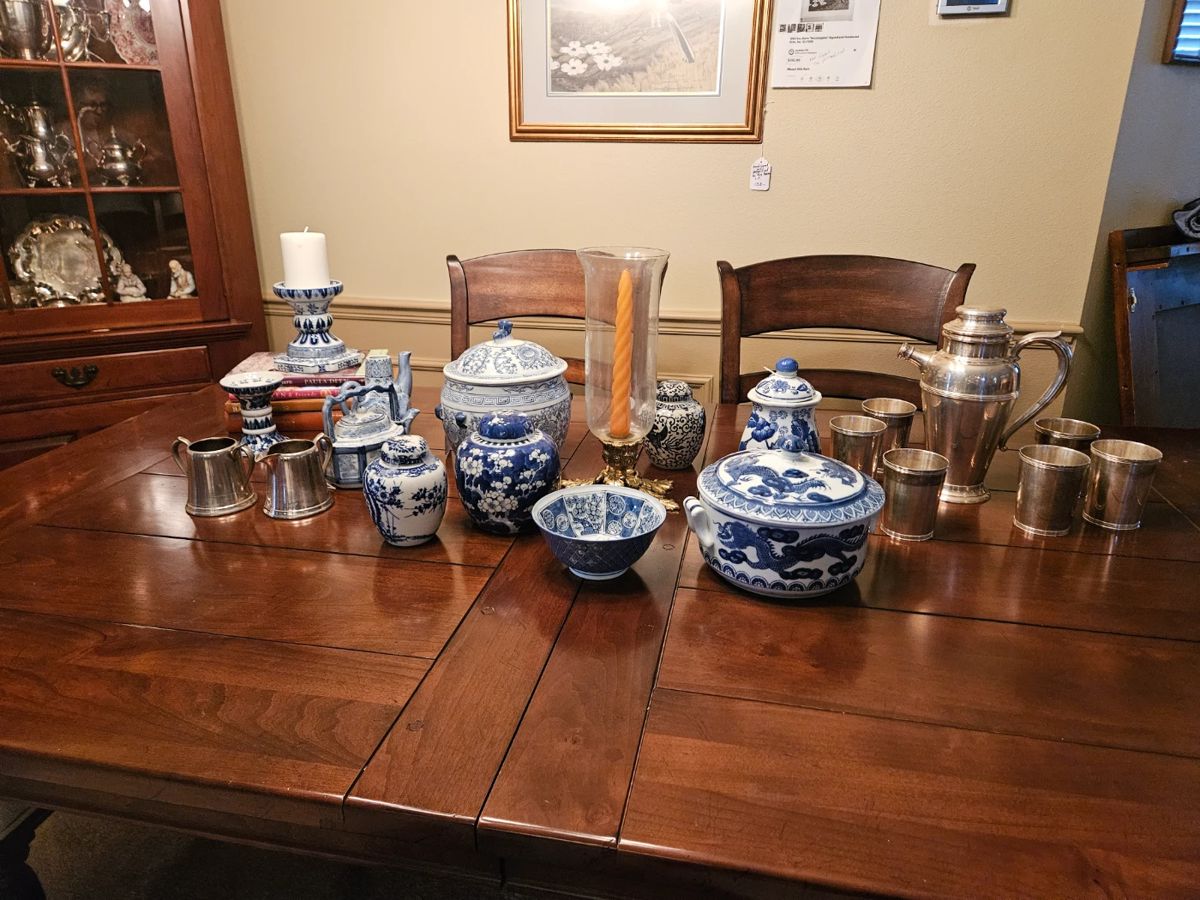 Blue ceramics, sterling silver shaker set