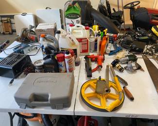 misc garage items including some hand tools