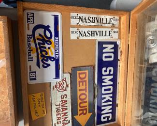 vKINTAGE SIGNS INCLUDING NO SMOKING, DETOUR, MEMPHIS CHICKS BASEBALL