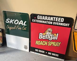 Vintage signs Skoal tobacco and Bengal Roach spray