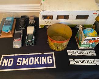 Porcelain No Smoking. Porcelain Nashville . Tonks Loader. Coca cola 6 pack carrier. Die cast cars. Miscellaneous toys. 