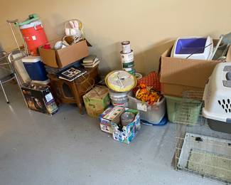 Coolers, pet kennel, pet carrier, misc garage