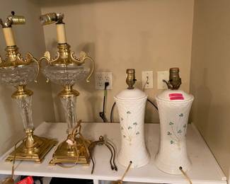 Brass and Pair Crystal lamps.  Pair   Belleek Lamps
