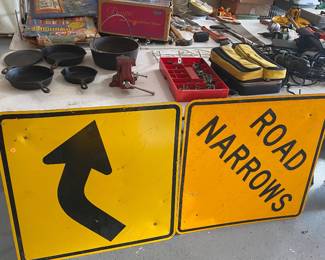 vintage road signs for road curve and road narrows