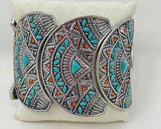 ST Lot #25 - Intricate Costume Cuff Bracelet w/ Multi-Panel Silver-Tone with Turquoise and Orange Accents