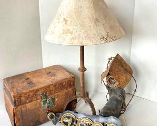  - Rustic Antique Western Decor Set with Tri-Leg Lamp, Cowboy Boot Birdhouse, Leather Strap, and Weathered Leather Box