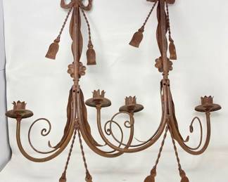 Pair of Rustic Double Candle Holders with Bow and Tassel Design