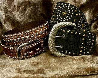  Double D Ranch Black Studded Leather Belt & Ranger Brown Studded Cow Hide Leather Belt Set- 34/36