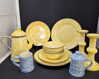 -Stangl Yellow Spongeware Pottery Lot – Teapot, Plates, Bowls & Candlesticks