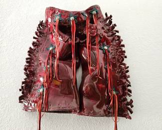 Western Ceramic Cowboy Chaps Wall Art Red Glaze Fringe Decor