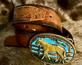 - Vintage Western Leather Belt with Tooling and Roaming Horse Buckle- sz 30
