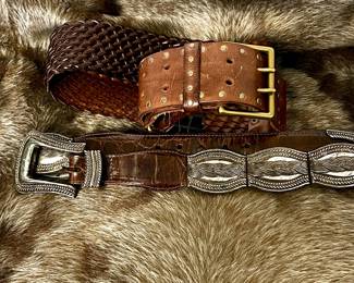 Two Vintage Brown Leather Western Style Belts | Brighton Silver Panel Belt & Leather Woven Belt Size 40