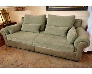 -R Jones Dallas upholstered sofa featuring light pine green low-pile chenille fabric with contrasting brown leather base
