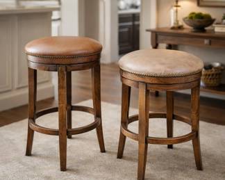 -Pair of Round Leather Swivel Bar Stools – Wood Frame w/ Nail head Trim
