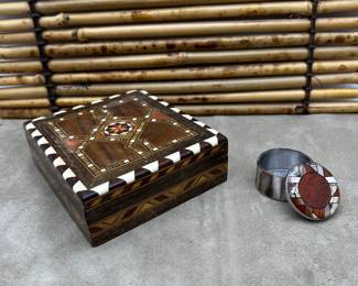 Handcrafted Wooden Jewelry Box with Intricate Inlay and Metal Trinket Container