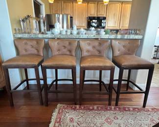 D Lot #17 - Set of Four Brown Leather Bar Stools with Button-Tufted Back and Nailhead Trim