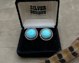 Vintage Sterling Silver and Turquoise Cabochon Earrings by Silver Designs