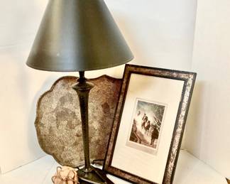 - Vintage Black Hammered Lamp with Horse Figurine, Vintage Scissors, Coasters, Tray, and Horse Print