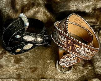  Two New Handcrafted Western Leather Belts in Brown and Black with Intricate Silver Detailing 36