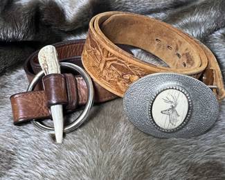 MB Lot #81- TWO Genuine Leather Belts with Intricate Wildlife Carvings and Unique Buckle Designs