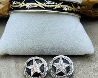 ST Lot #145 - Montana Silversmiths Barbed Wire Cuff Bracelet and Star Stud Earrings Set