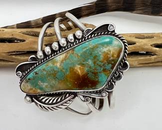 ST Lot #21 - Handcrafted Vintage Turquoise and Sterling Silver Cuff Bracelet with a Unique Blue-Green and Brown Stone