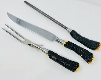 K Lot #14 -Vintage Carving Set w/ Bakelite Antlers Style Handles and Stainless Steel Blade