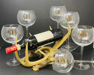  Rustic Antler Wine Rack with Set of 6 Red Wine Glasses
