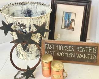 - Rustic Western Decor Set with Metal Waste Can, Star Towel Ring, Copper Salt & Pepper Shakers, and Cowboy Sign