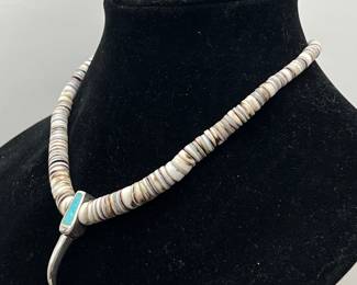- Unique 18" Heishi Beaded Necklace with Turquoise and Silver Pendant