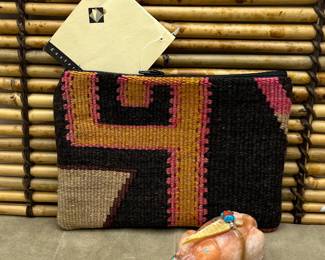 Kilim Cosmetic Bag Tribal Wool & Pig Suede Backing + Carved Alabaster Fetish Animal