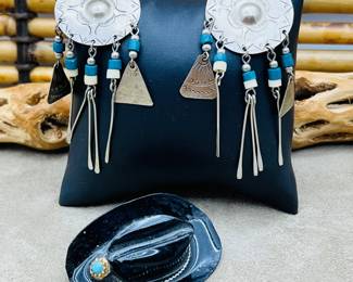 ST Lot #140 - Handcrafted Southwestern-inspired Silver and Turquoise Earrings with Miniature Black Cowboy Hat Brooch