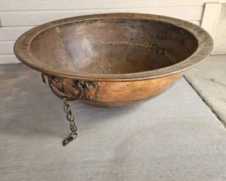 Large Antique Hand Hammered Copper Cauldron Basin w Ornate Handle & Chain 32" Diameter