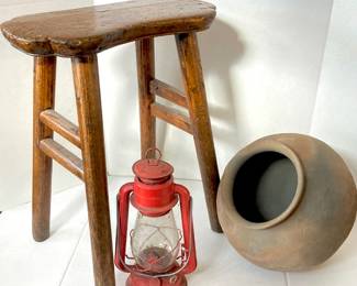 Rustic Wooden Stool, Tilted Earthenware Pot, and Vintage Red Lantern Set
