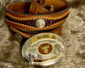  Vintage Molokai Ranch Western Leather Belt with Ornate Silver Buckle 40