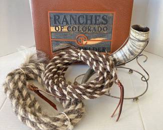  Rustic Ranchero Set Featuring Horn Figure, Ranches of Colorado Book, and Pair of Horsehair Mecate Reins