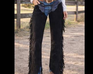 MB Lot #77 - Woods Western Black Leather Chaps with Fringe and Embossed Detailing (30)