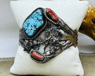 American Western Sterling Silver Cuff Bracelet with Turquoise and Coral Stones