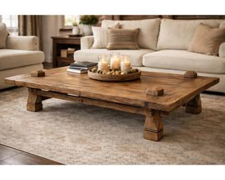  Lot #122 -Very Large Rustic Western Wood Coffee Table – Hand-Carved Details – 78"