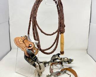  Vintage Git-a-Long Western Tack Set with Leather Bell Straps and Three Pairs of Spurs
