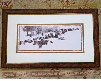 Western Cowboy Herding Cattle Lithograph Framed Print 54" x 33"