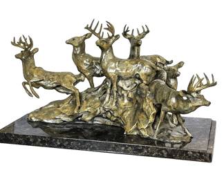 Monumental Sherry Sanders Bronze Mule Deer Sculpture 33" Wildlife Masterpiece on Marble Base
