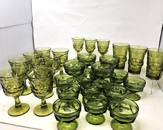 Mid-Century Olive Green Pressed Glass Stemware & Dessert Cups 31pc