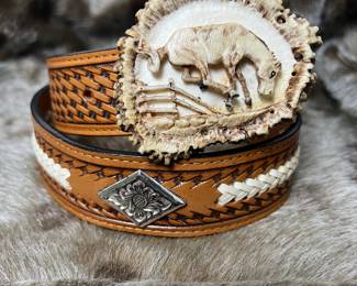 MB Lot #80 - NEW Nocona 34” Western Leather Belt with Handcrafted Elk Antler Buckle