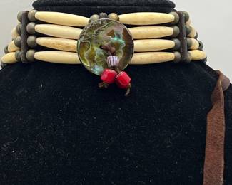 Native American Bone Choker Necklace with Shell Central Medallion