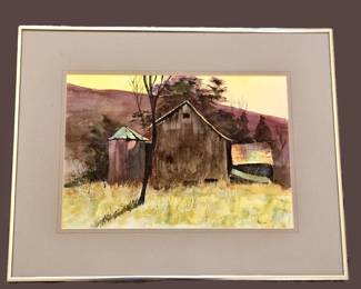 -Framed Watercolor Landscape Barn & Silo Scene Rustic Farm Painting 20x16